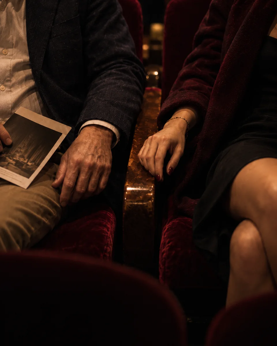 Close view of an adult couple seated together in a dimly lit theater
